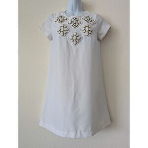 KARTA S White Jeweled Embellished Shift Dress Short Sleeve Mod Cocktail
